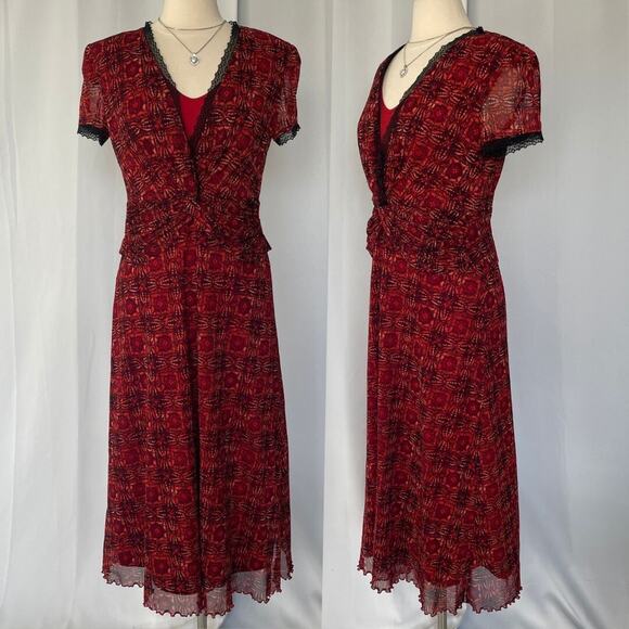 Maxi Dress Size 6 Red Black Mesh Layered Short Sleeve A Line Boho Occasion Work - Picture 1 of 16